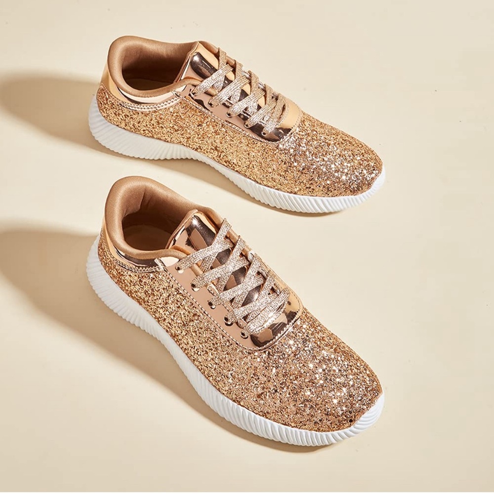 BELOS Women's Glitter Shoes Sparkly Lightweight Gold Sequins Tennis Shoes